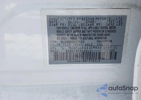 2022 Nissan Sentra S Xtronic Cvt z USA, uszkodzony, nr VIN 3N1AB8BV8NY278313